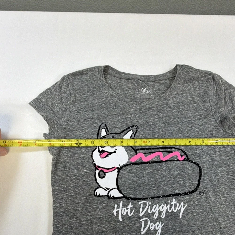 Justice Girls 10 Gray Short Sleeve Hot Diggity Dog Corgi Glitter Graphic Tee